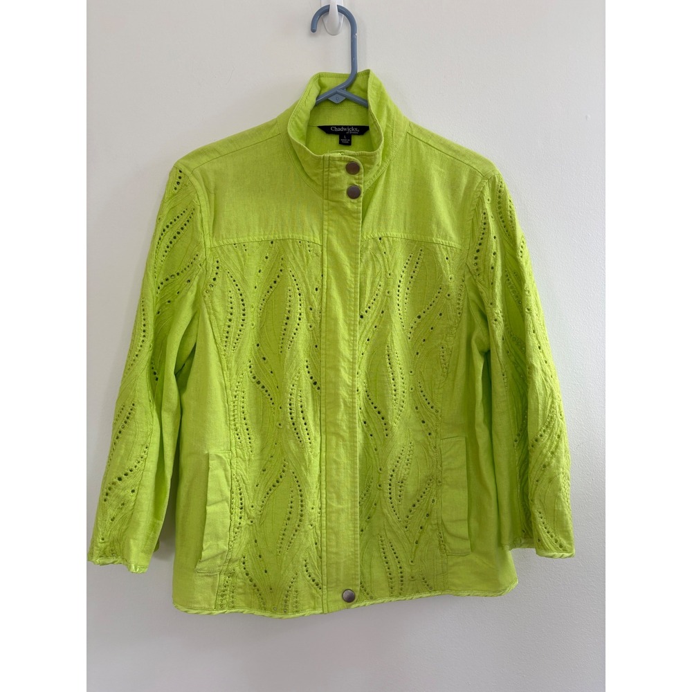 Chadwicks of Boston Lime Green Eyelet Linen Blend Zip Front Jacket Womens‎ Large